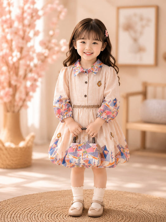 Girls Premium Printed Cotton Frock with Matching Handbag | Designer Party Wear Dress | Size 18–26