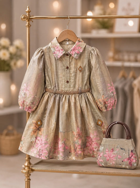Girls Premium Floral Printed Cotton Frock with Matching Handbag | Designer Party Wear Dress | Size 18–26