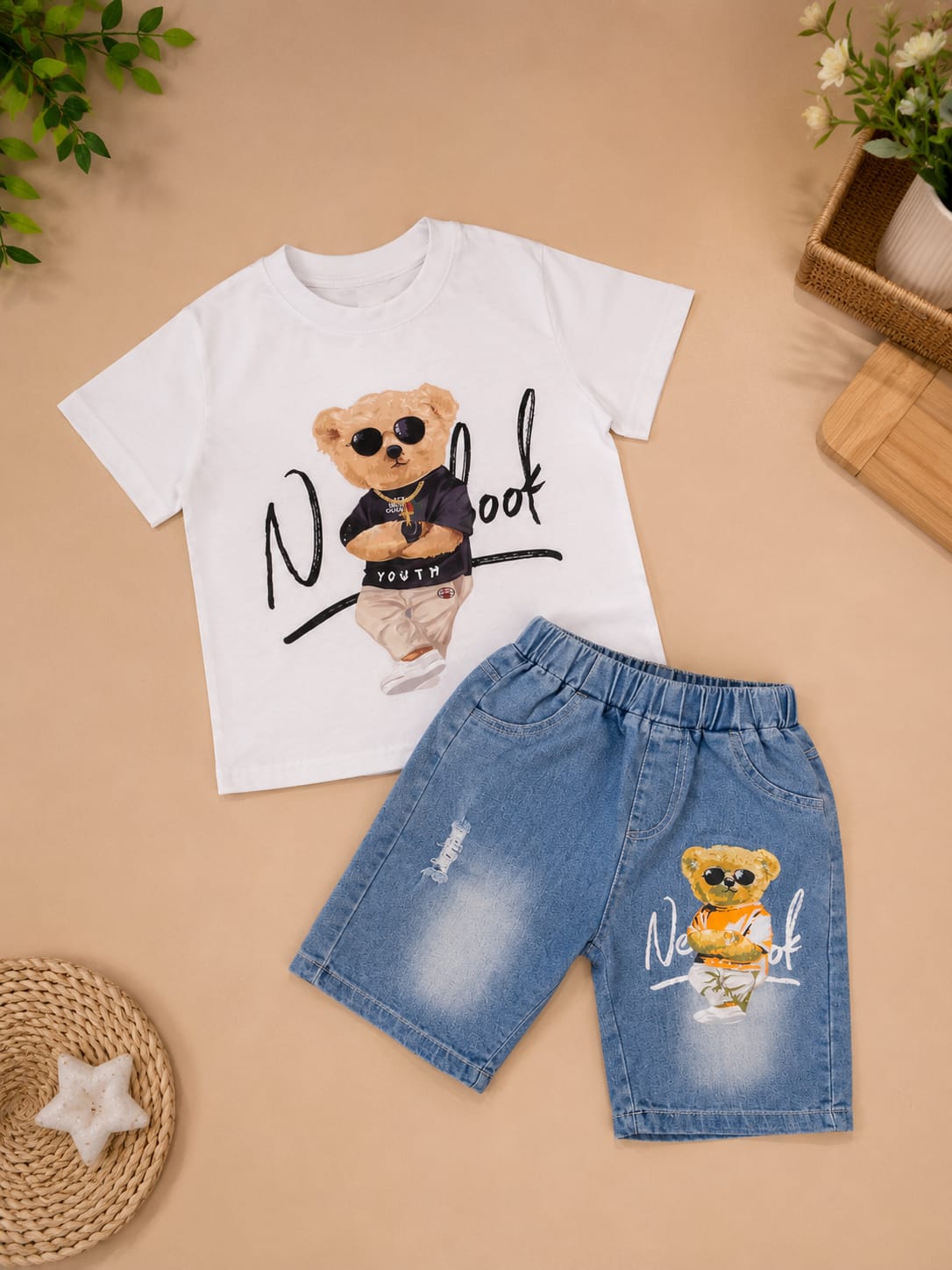 Boys Teddy Bear Printed Cotton T-Shirt & Denim Shorts Co-Ord Set | Summer Casual Wear | 2 Pcs | 3–8 Years