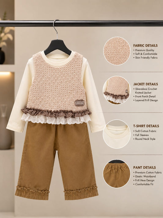 Girls 3-Piece Crochet Top, Full Sleeve T-Shirt & Pants Set | Premium Cotton Outfit | Size 18–26