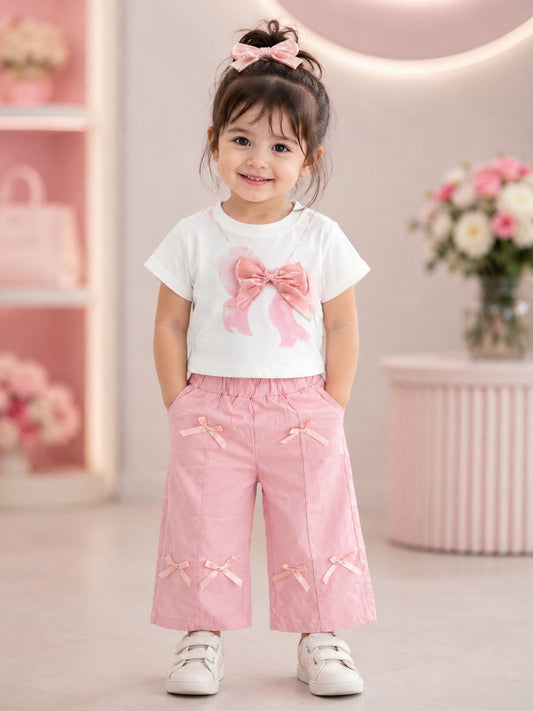 Girls Pink Bow Print T-Shirt & Wide Leg Pants Co-ord Set | Premium 2-Piece Outfit | Size 18–26