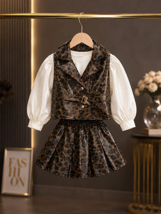 Girls Leopard Print 3-Piece Co-ord Set | Puff Sleeve Top, Fashion Vest & Pleated Skirt | Size 18–26