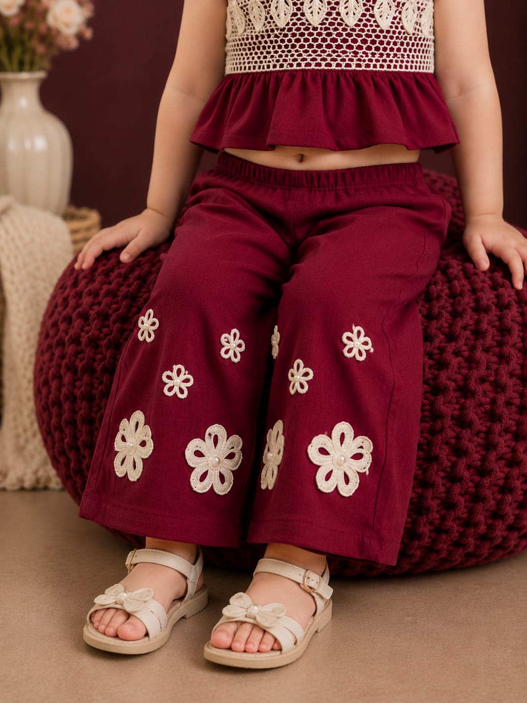 Girls Floral Lace Crop Top & Wide Leg Pants Co-ord Set | Premium 2-Piece Party Wear Outfit | Size 18–26