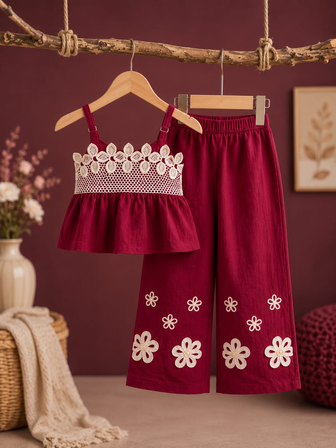 Girls Floral Lace Crop Top & Wide Leg Pants Co-ord Set | Premium 2-Piece Party Wear Outfit | Size 18–26