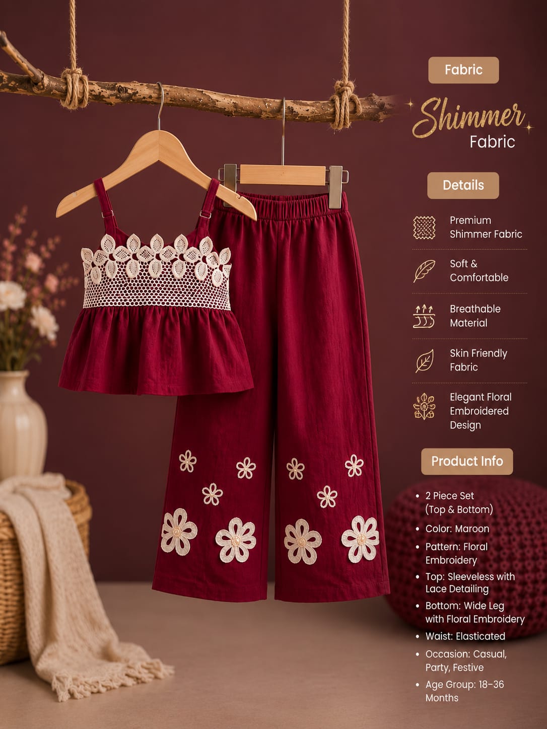 Girls Floral Lace Crop Top & Wide Leg Pants Co-ord Set | Premium 2-Piece Party Wear Outfit | Size 18–26