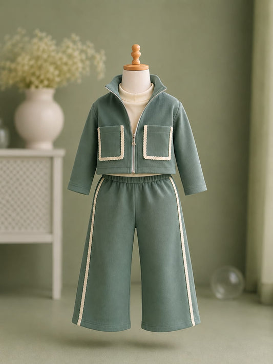 Girls Premium 3-Piece Co-ord Set | High Neck Inner, Zip-Up Jacket & Wide Leg Pants | Size 18–26