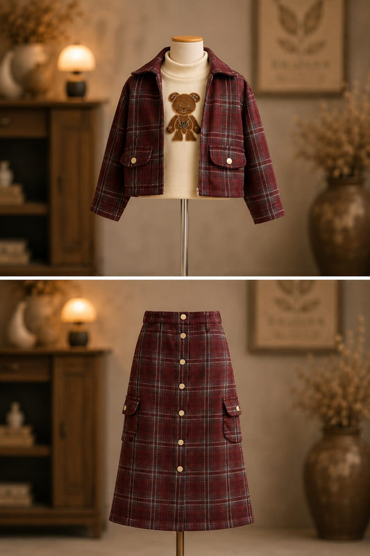Girls Premium 3-Piece Checked Jacket, High Neck Top & Cargo Skirt Set | Size 24–36
