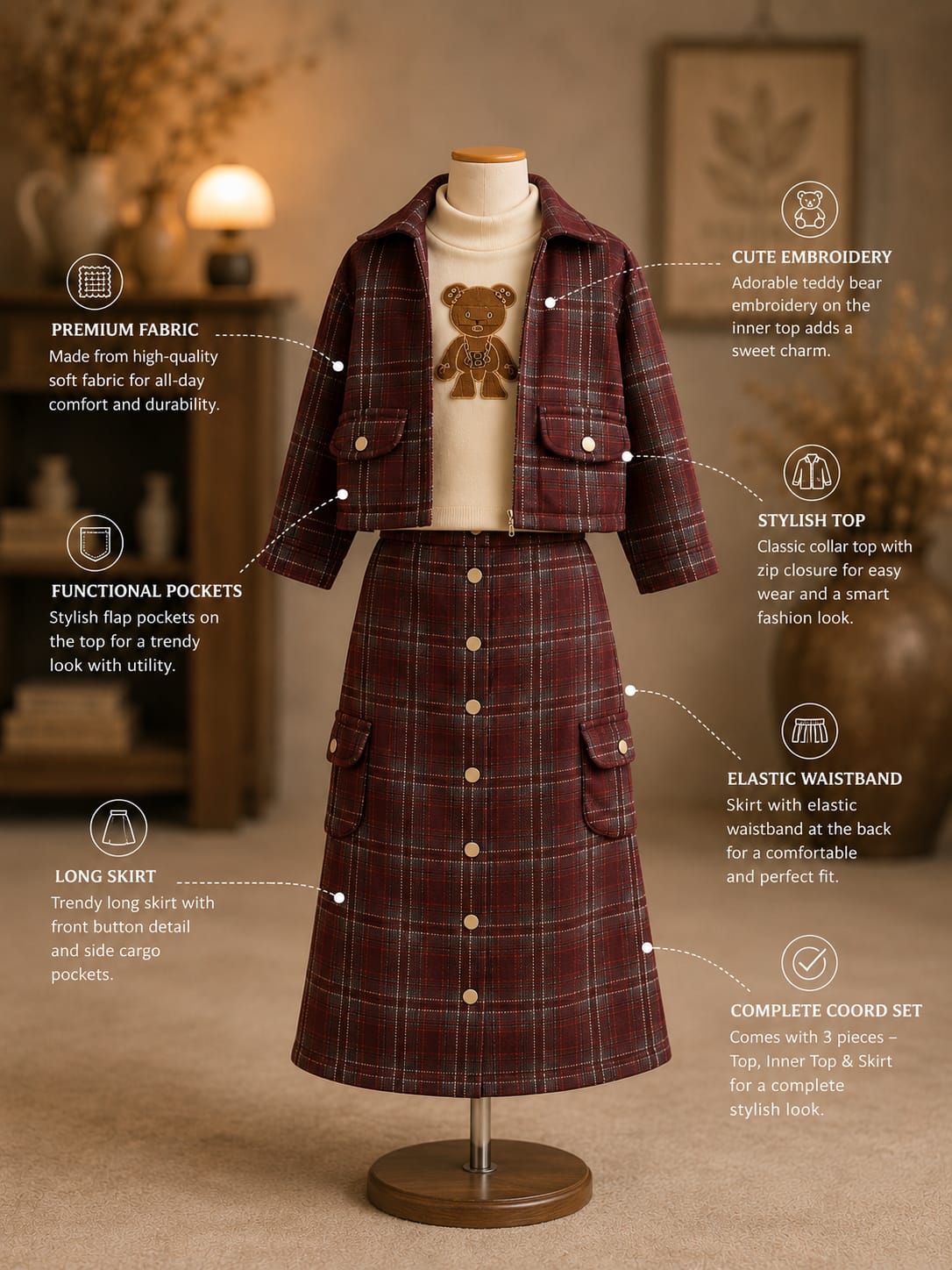 Girls Premium 3-Piece Checked Jacket, High Neck Top & Cargo Skirt Set | Size 24–36