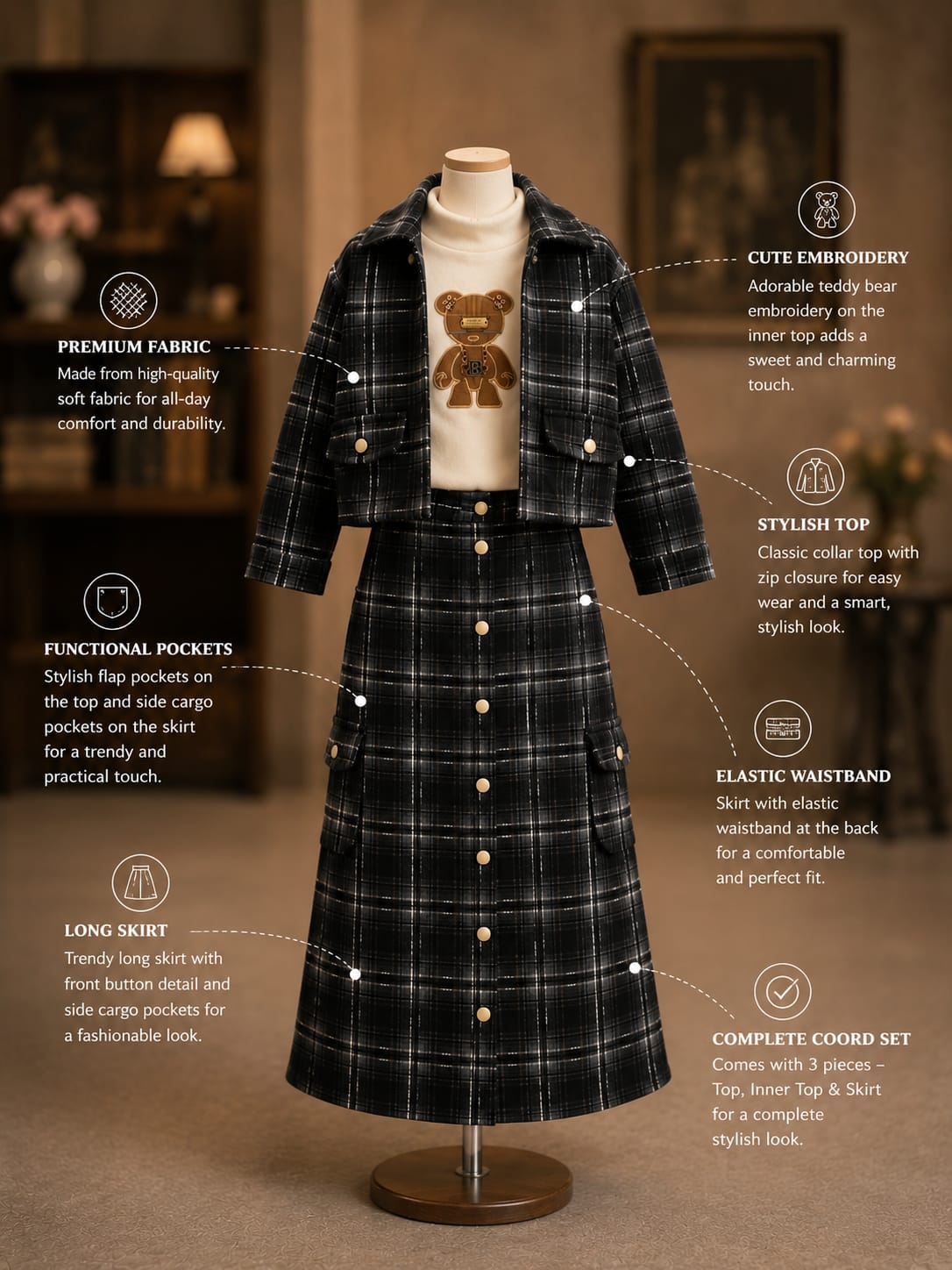 Girls Premium Checked Jacket, High Neck Top & Button Cargo Skirt 3-Piece Co-Ord Set | Size 24–36