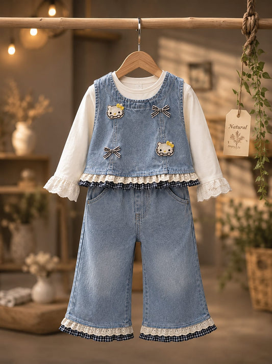 Baby Girls 3-Piece Denim Co-Ord Set with Cartoon Patch & Wide Leg Jeans | Premium Casual Outfit | Sizes 18–26