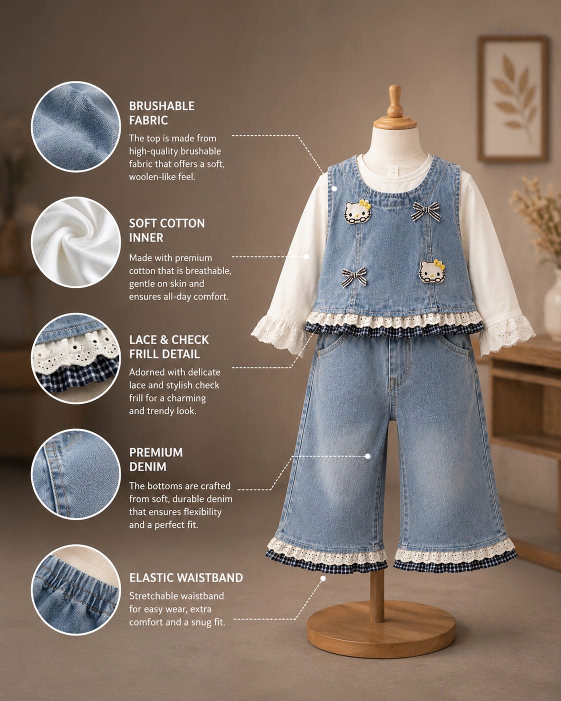 Baby Girls 3-Piece Denim Co-Ord Set with Cartoon Patch & Wide Leg Jeans | Premium Casual Outfit | Sizes 18–26