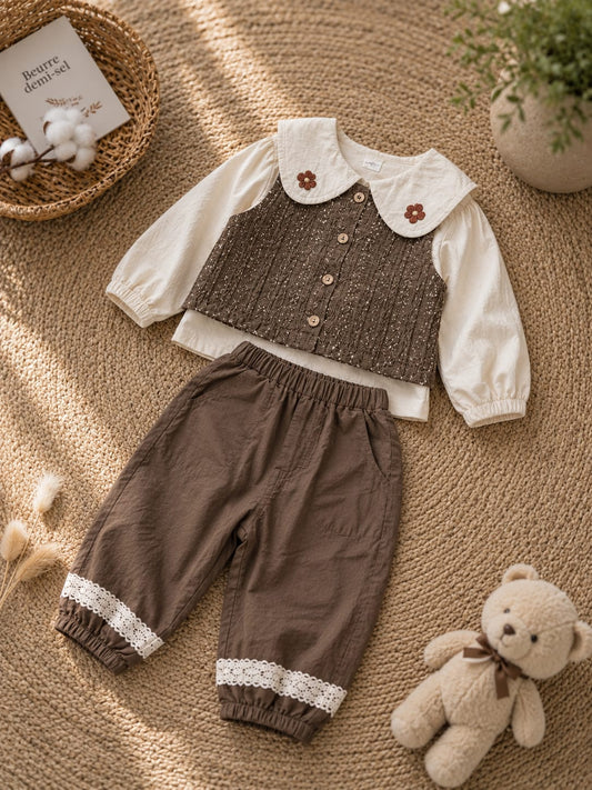 Baby Girls Premium 3-Piece Cotton Co-Ord Set | Embroidered Vest, Full Sleeve Top & Lace Pants | Casual Outfit | Sizes 18–26