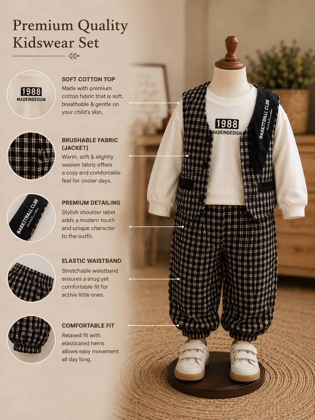Baby Girls Premium 3-Piece Checked Co-Ord Set | Full Sleeve T-Shirt, Checked Vest & Jogger Pants | Casual Outfit | Sizes 18–26