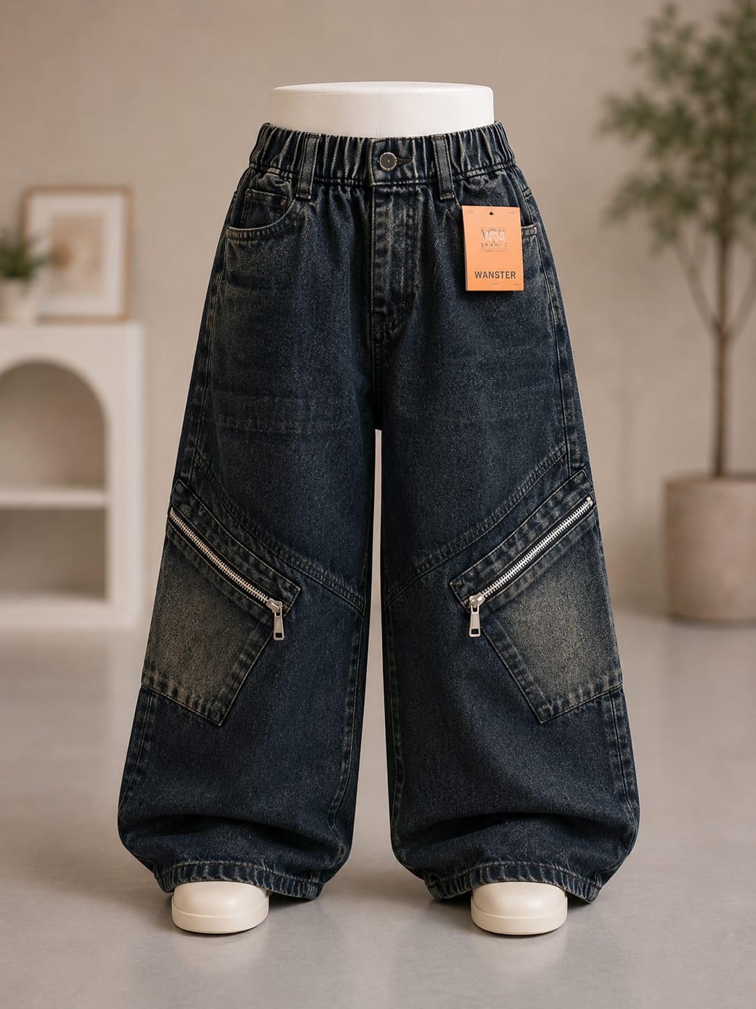 Wanster Boys Black Baggy Cargo Denim Jeans | Premium Wide Leg Zip Pocket Jeans | 6–12 Years