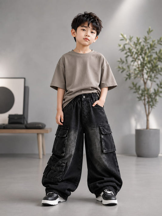 Wanster Boys Black Baggy Cargo Denim Jeans | Premium Multi-Pocket Streetwear Jeans | 6–12 Years