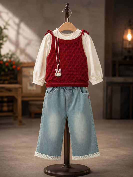 Girls 3-Piece Knitted Top, Full Sleeve T-Shirt & Denim Palazzo Set | Premium Kids Outfit | Sizes 18–26