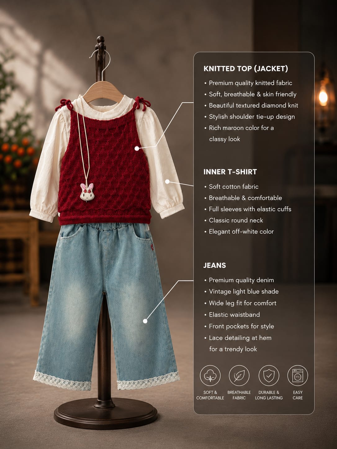 Girls 3-Piece Knitted Top, Full Sleeve T-Shirt & Denim Palazzo Set | Premium Kids Outfit | Sizes 18–26