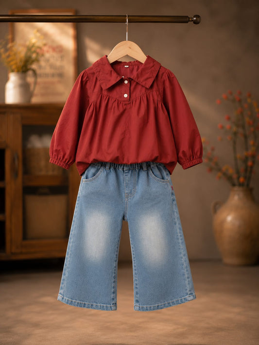 Girls Maroon Full Sleeve Top with Light Blue Denim Palazzo Pant Co-Ord Set | Kids Casual Outfit | Sizes 18–26