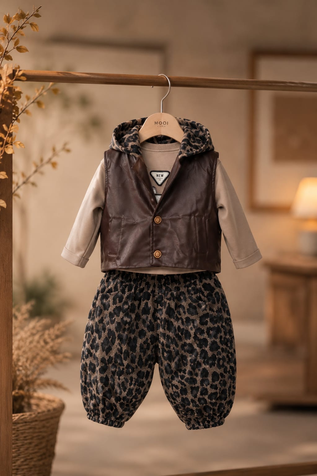 Baby Girls Premium 3-Piece Co-Ord Set with Faux Leather Vest | All Season Casual Outfit | Brown | Sizes 18–26