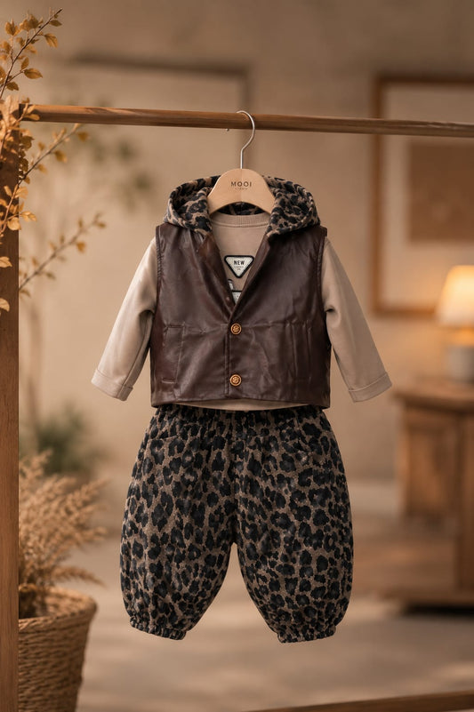 Baby Girls Premium 3-Piece Co-Ord Set with Faux Leather Vest | All Season Casual Outfit | Brown | Sizes 18–26