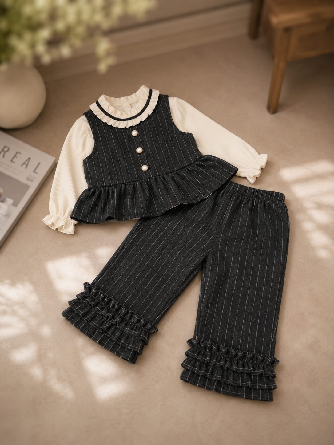 Baby Girls Premium Pinstripe 3-Piece Co-Ord Set | Ruffle Top, Vest & Pants | All Season Outfit | Black | Sizes 18–26