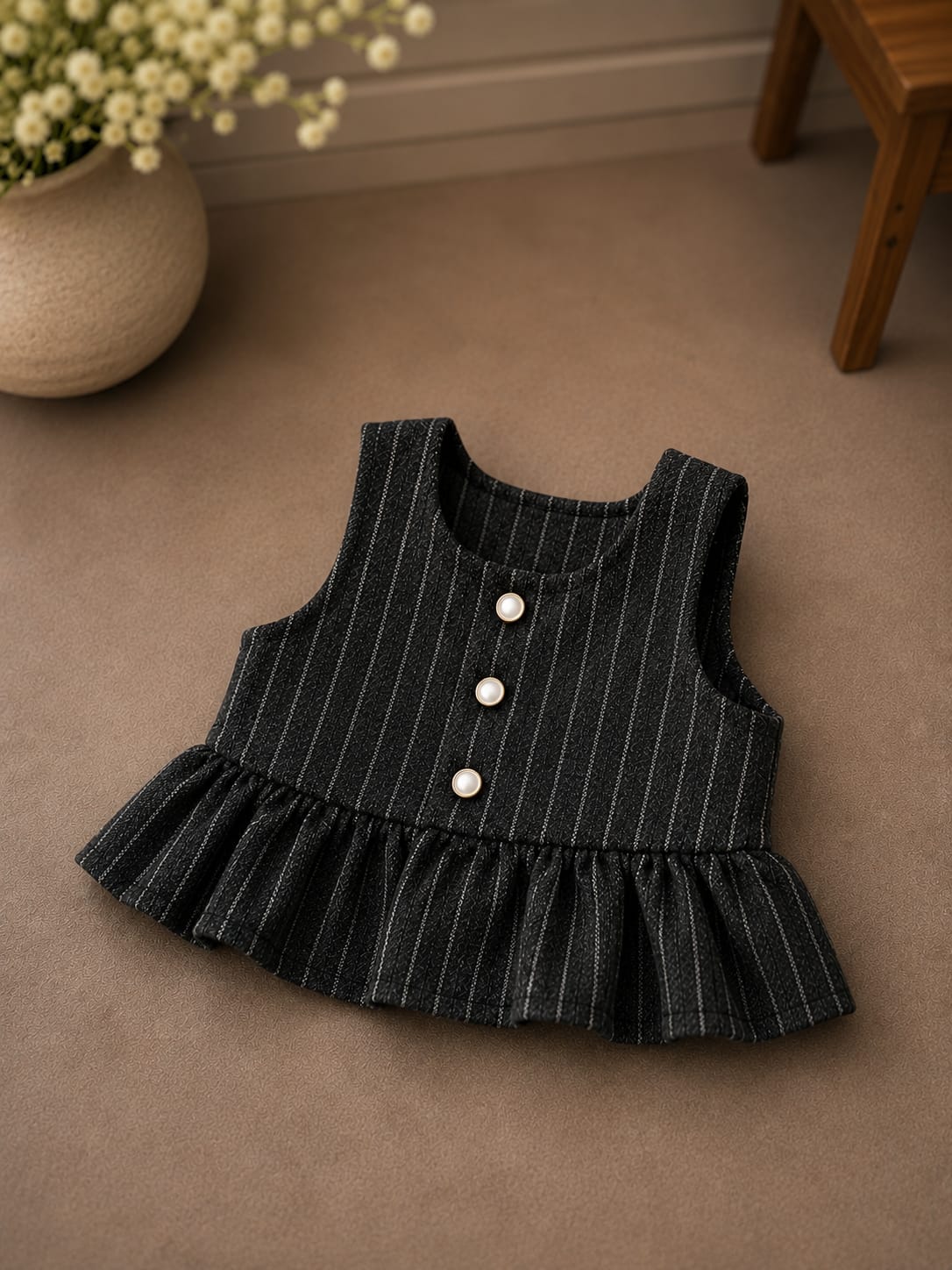 Baby Girls Premium Pinstripe 3-Piece Co-Ord Set | Ruffle Top, Vest & Pants | All Season Outfit | Black | Sizes 18–26