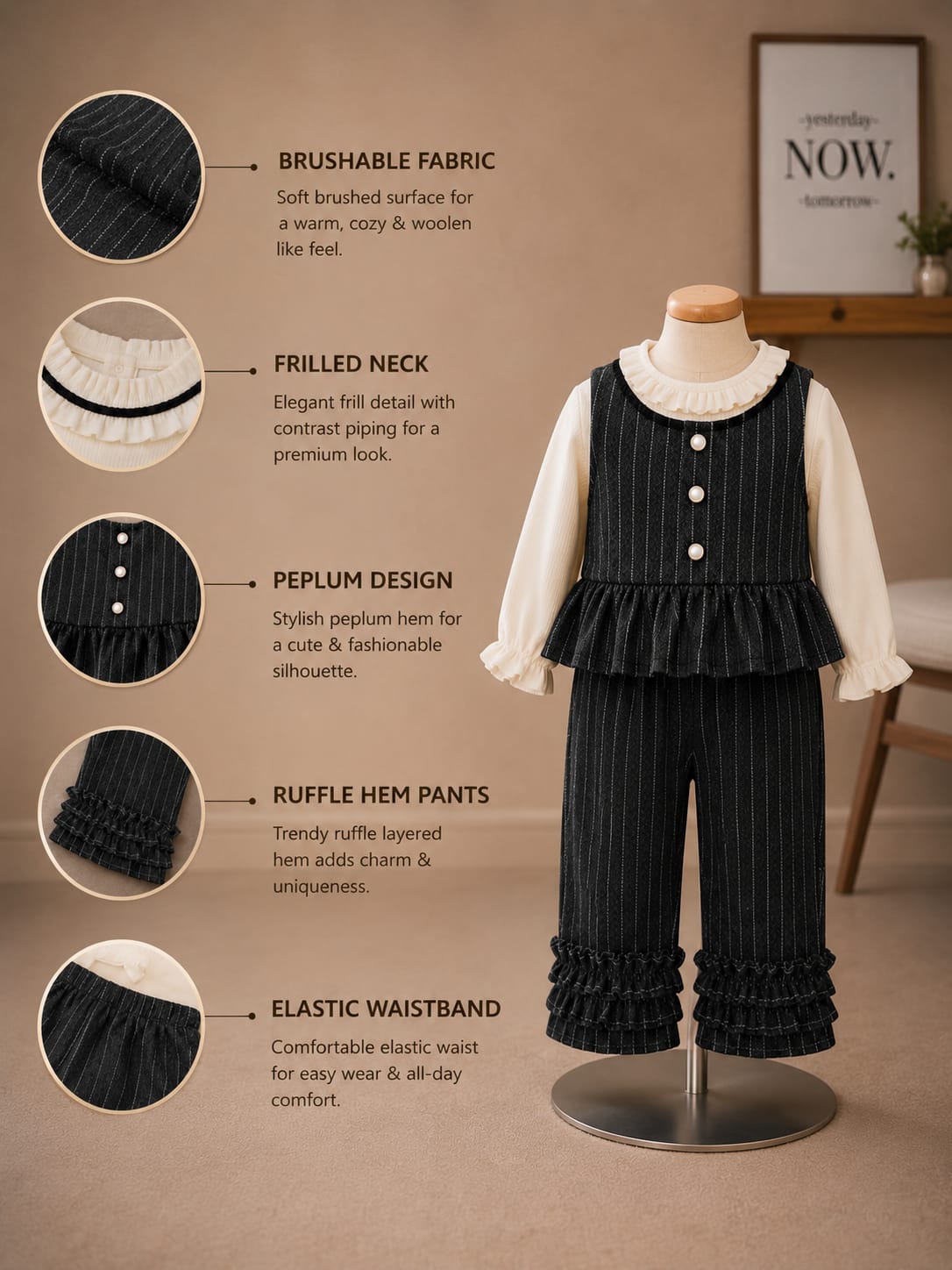 Baby Girls Premium Pinstripe 3-Piece Co-Ord Set | Ruffle Top, Vest & Pants | All Season Outfit | Black | Sizes 18–26