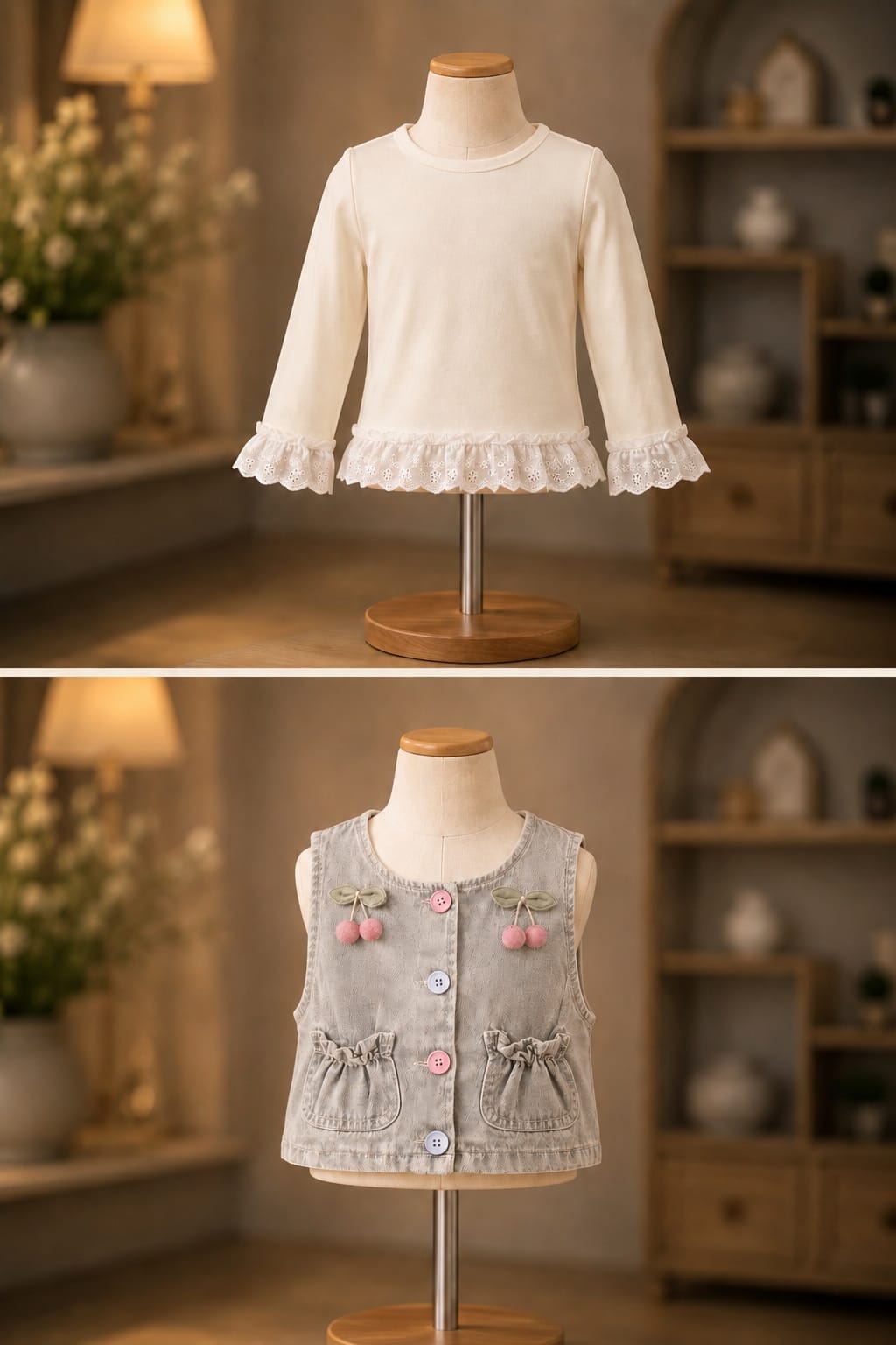Baby Girls Premium Denim 3-Piece Co-Ord Set | Lace Top, Denim Vest & Flared Jeans | All Season Outfit | Light Grey | Sizes 18–26