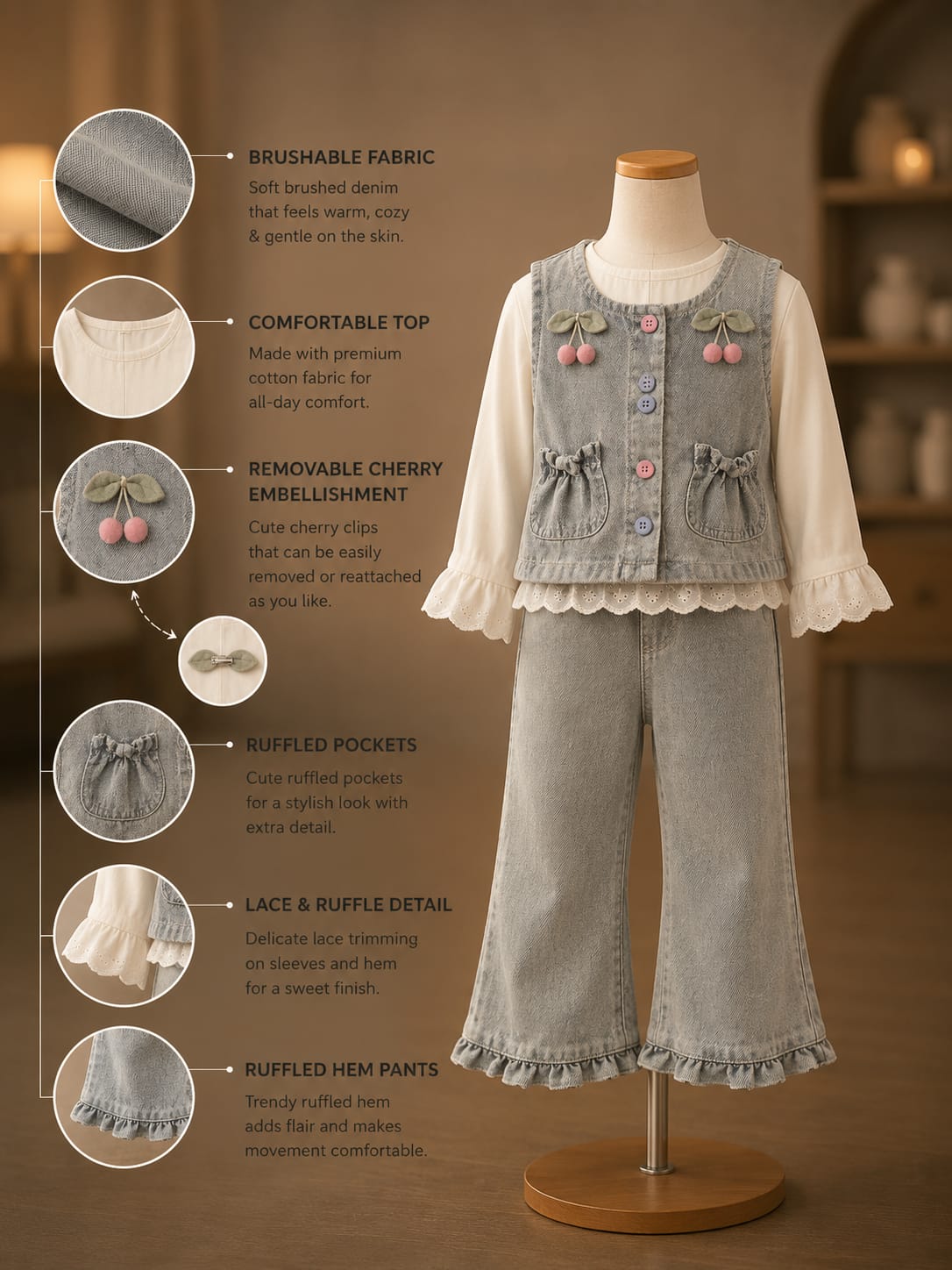 Baby Girls Premium Denim 3-Piece Co-Ord Set | Lace Top, Denim Vest & Flared Jeans | All Season Outfit | Light Grey | Sizes 18–26