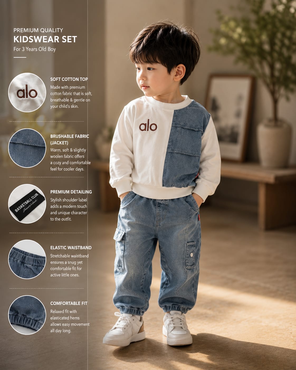 Baby Boys Premium 2-Piece Denim Co-Ord Set | Color Block Sweatshirt & Cargo Jogger Jeans | Casual Outfit | Sizes 18–26