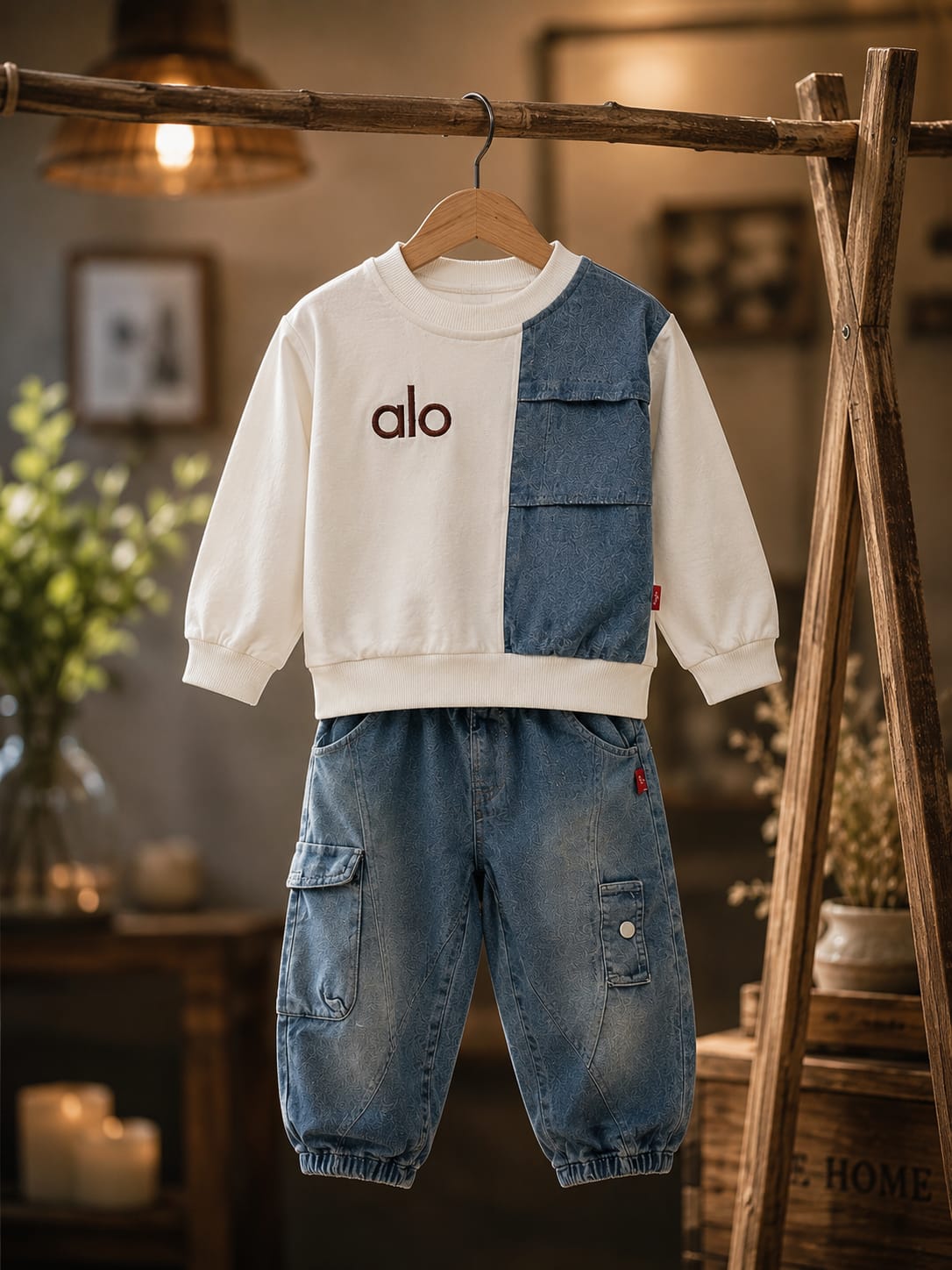 Baby Boys Premium 2-Piece Denim Co-Ord Set | Color Block Sweatshirt & Cargo Jogger Jeans | Casual Outfit | Sizes 18–26
