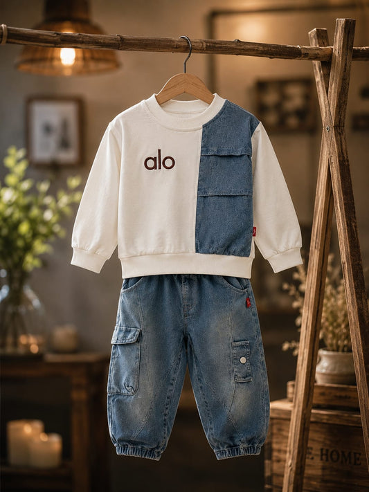Baby Boys Premium 2-Piece Denim Co-Ord Set | Color Block Sweatshirt & Cargo Jogger Jeans | Casual Outfit | Sizes 18–26