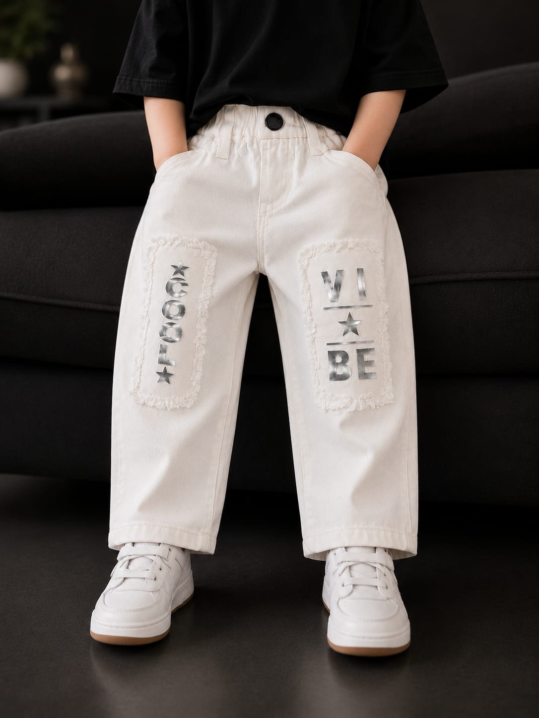Wanster Kids Premium White Straight Fit Denim Jeans | Trendy Letter Print Casual Jeans | Unisex | Sizes 18–26