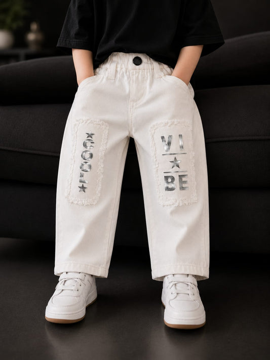 Wanster Kids Premium White Straight Fit Denim Jeans | Trendy Letter Print Casual Jeans | Unisex | Sizes 18–26