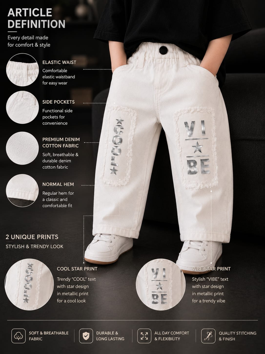 Wanster Kids Premium White Straight Fit Denim Jeans | Trendy Letter Print Casual Jeans | Unisex | Sizes 18–26