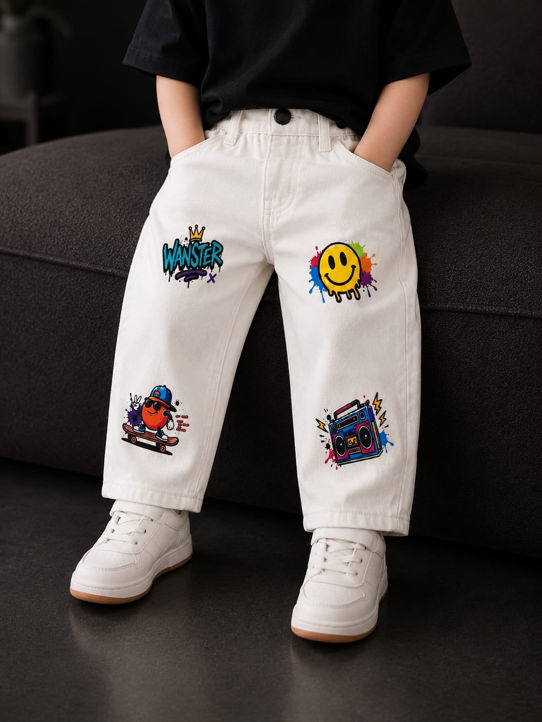 Wanster Kids Premium White Graphic Print Denim Jeans | Trendy Casual Straight Fit Jeans Unisex | Sizes 18–26