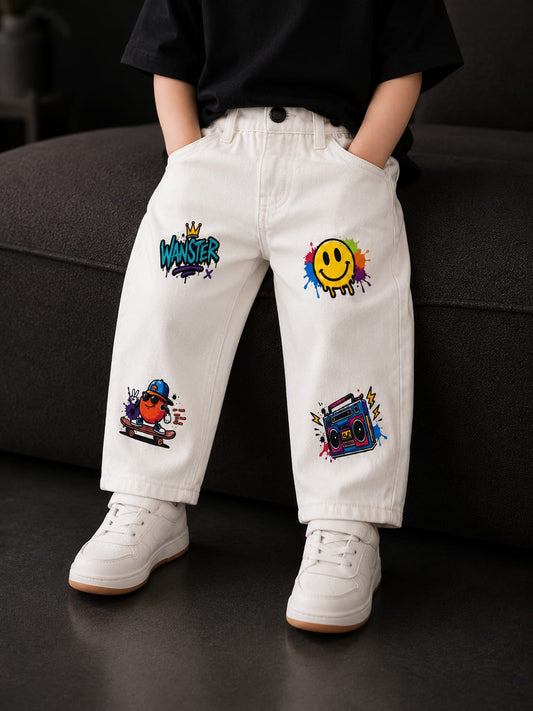 Wanster Kids Premium White Graphic Print Denim Jeans | Trendy Casual Straight Fit Jeans Unisex | Sizes 18–26