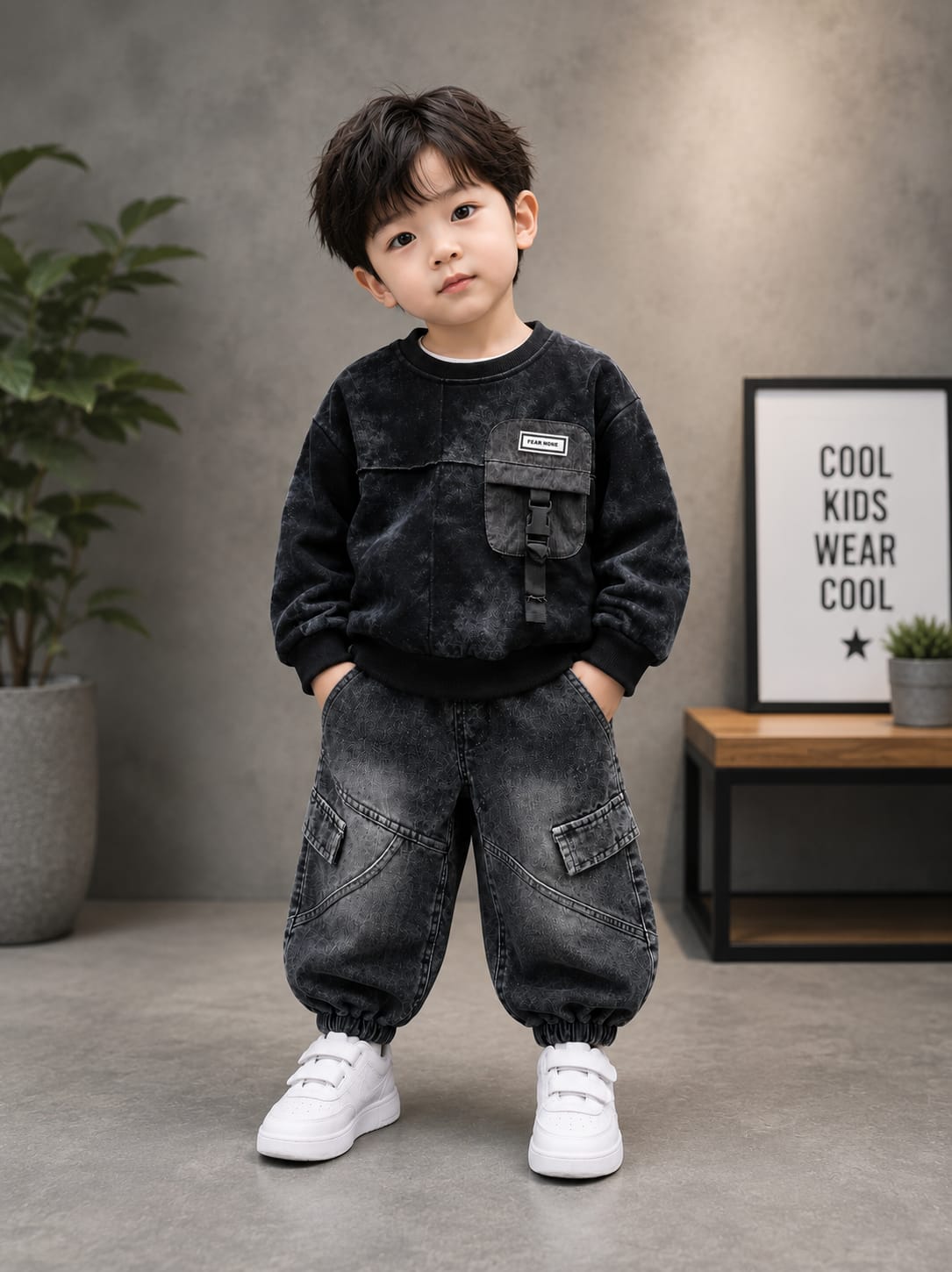 Kids Premium Black Co-Ord Set | Sweatshirt & Cargo Jogger Pants | Boys | Sizes 18–26