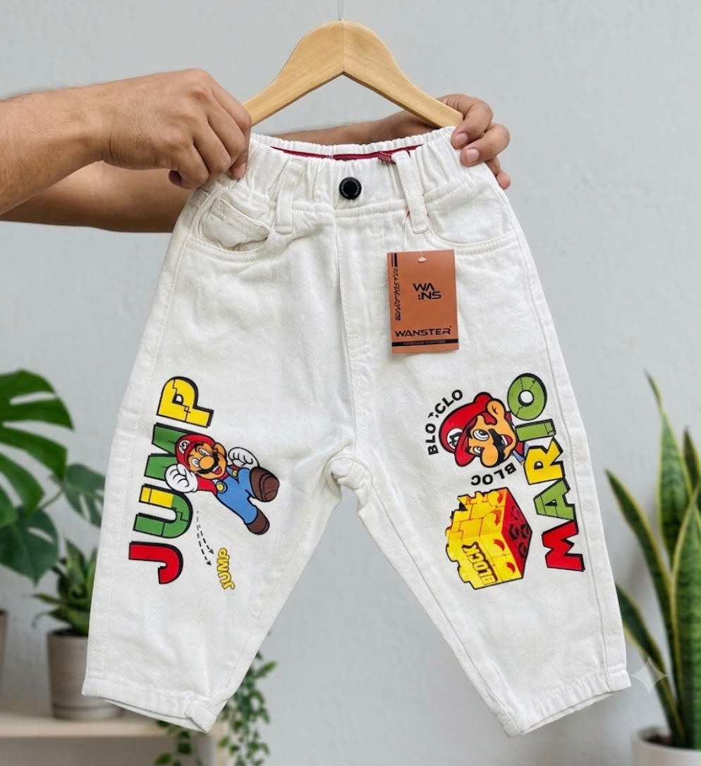 Wanster Kids Premium White Cartoon Print Denim Jeans | Mario Graphic Casual Jeans | Boys & Girls | Sizes 18–26