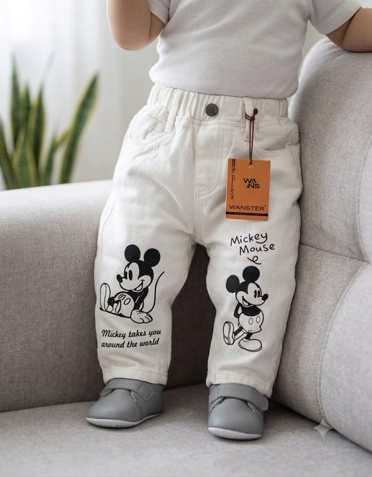 Wanster Kids White Cartoon Print Denim Jeans | Premium Casual Baby Jeans | Sizes 18–26