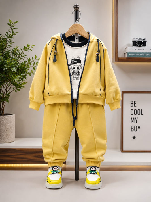 Kids Premium 3-Piece Yellow Hooded Co-Ord Set | Zipper Hoodie, Printed T-Shirt & Jogger Pants | Boys | Sizes 18–26