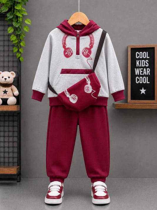 Kids Premium 2-Piece Hoodie Co-Ord Set with Matching Sling Bag | Maroon & Grey | Sizes 18–26