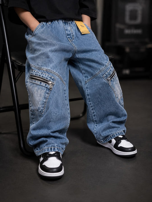 Wanster Kids Grey Baggy Cargo Jeans | Premium Wide Leg Denim with Zipper Pockets | Boys | Sizes 6–12 Years