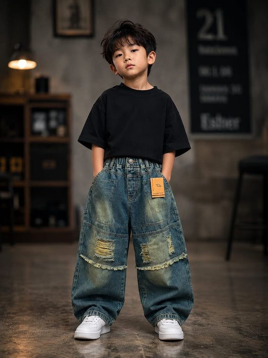 Wanster Kids Vintage Wash Baggy Jeans | Premium Wide Leg Distressed Denim | Boys | Sizes 6–12 Years