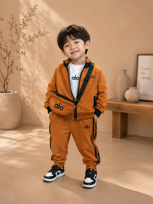 Kids Premium 3-Piece Mustard Co-Ord Set with Zipper Jacket, Printed T-Shirt & Matching Sling Bag | Boys | Sizes 18–26