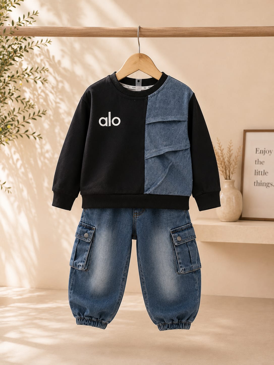 Kids Premium Denim Cargo Co-Ord Set | Black & Blue Sweatshirt with Cargo Jogger Jeans | Boys | Sizes 18–26