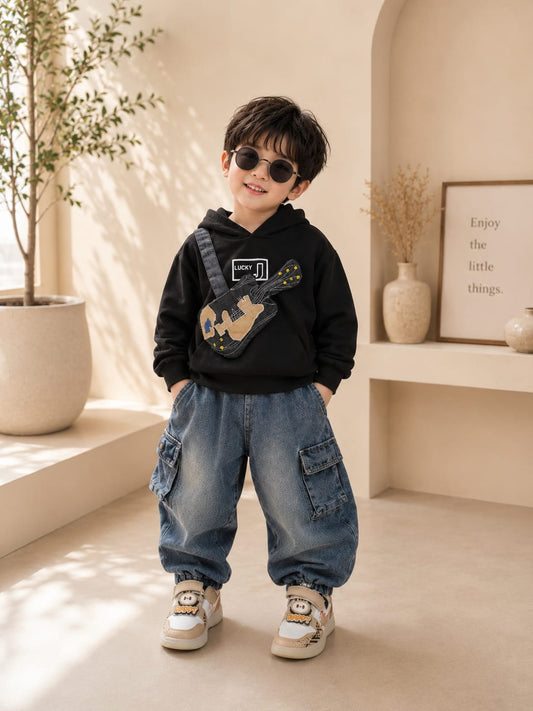 Kids Premium Hoodie & Denim Cargo Co-Ord Set with Guitar Sling Bag | Boys | Sizes 18–26