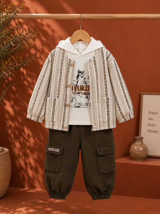 Kids Premium 3-Piece Casual Co-Ord Set | Printed Jacket, Hoodie T-Shirt & Cargo Jogger Pants | Boys | Sizes 18–26