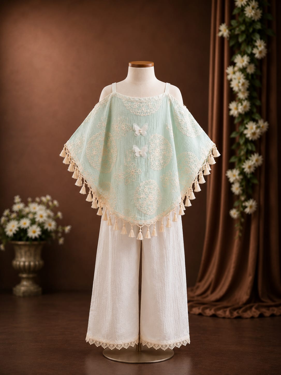 Premium Girls Embroidered Poncho Top & Palazzo Co-Ord Set | Mint Green & White | Ethnic Party Wear | Sizes 6-12 Years