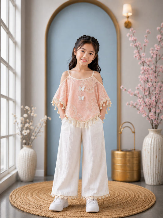 Premium Girls Embroidered Cold Shoulder Poncho Top & Palazzo Co-Ord Set | Peach & White | Party Wear | Sizes 6-12 Years